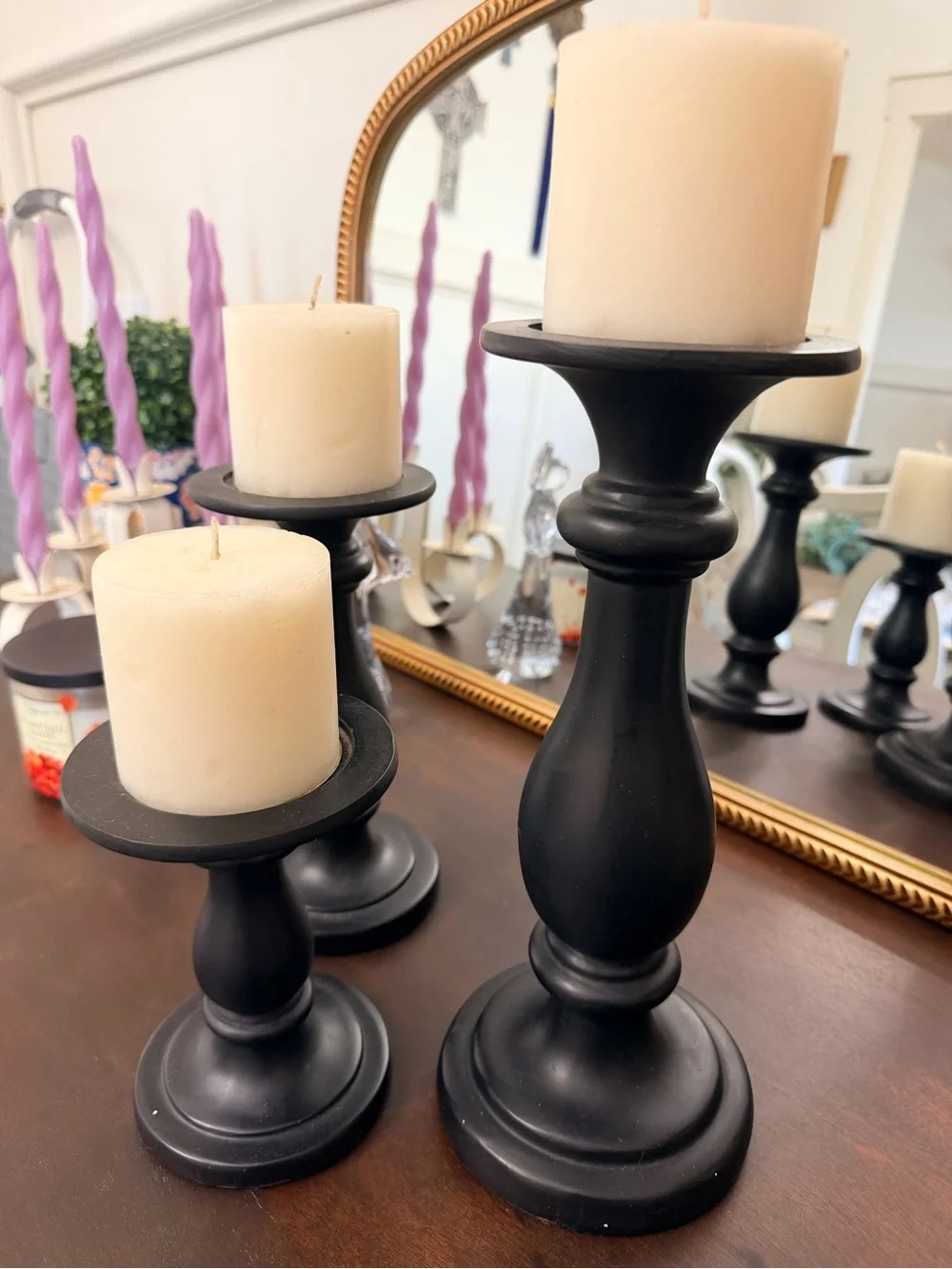 Classic Black Wood Candle Holders (Set of 3) - Elegant Home Accents